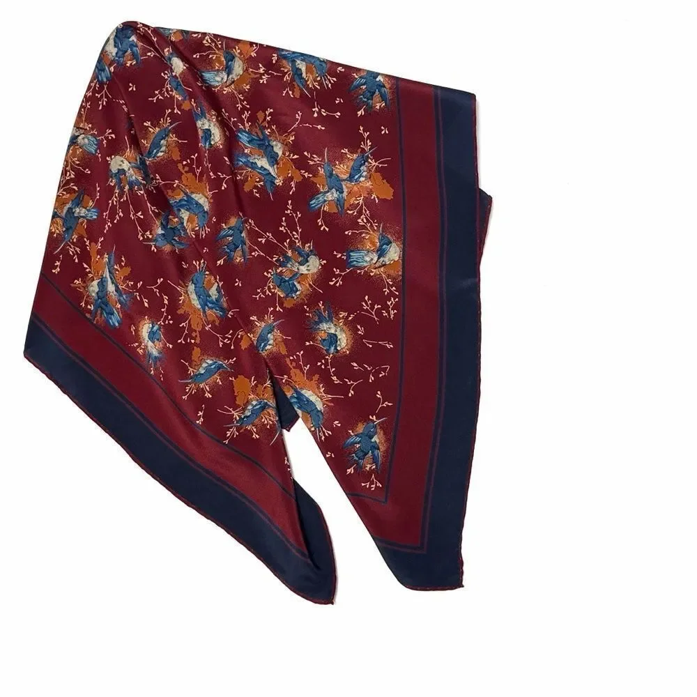 Gucci Silk Scarf Maroon Blue Bird Print Vintage Script Logo 33x33